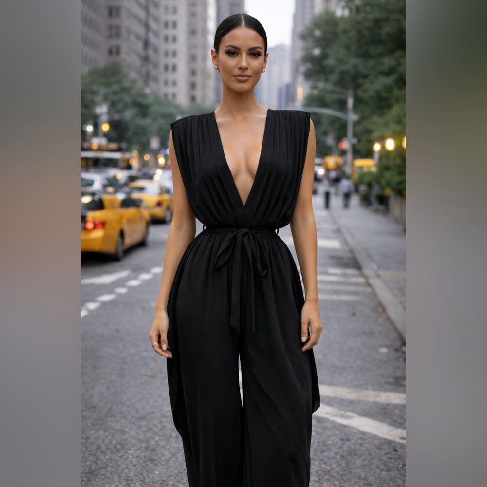 MM01. Chic Black Pleated Wide-Leg Jumpsuit Elegant V-Neck Tie Waist